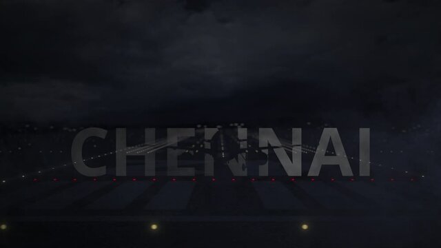 Plane taking off from the airport and CHENNAI city name. 3d animation