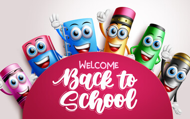 Back to school characters vector template design. Welcome back to school text in space with student supplies 3d character like notebook, pencil and eraser for educational background.