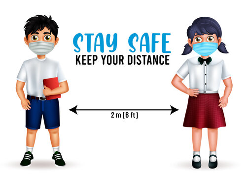 Student character vector design. Stay safe text with student 3d characters wearing face mask in social distancing for educational new normal pandemic prevention. Vector illustration
