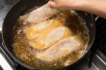 Pan-frying or home cooking fish fillet on a stove top.