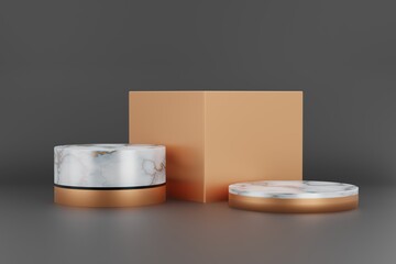 3d render of empty black and white marble stand design for product display, 3 cylinders, abstract minimal concept, blank space, simple clean design, luxury minimalist mockup..