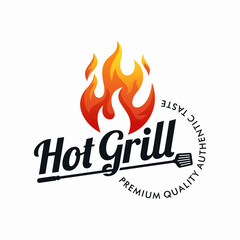 vintage grilled barbecue logo, retro BBQ vector, fire grill food and restaurant icon, Red fire icon
