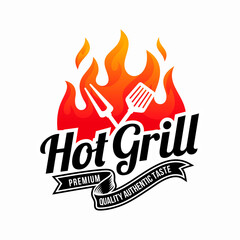 vintage grilled barbecue logo, retro BBQ vector, fire grill food and restaurant icon, Red fire icon
