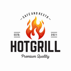 vintage grilled barbecue logo, retro BBQ vector, fire grill food and restaurant icon, Red fire icon
