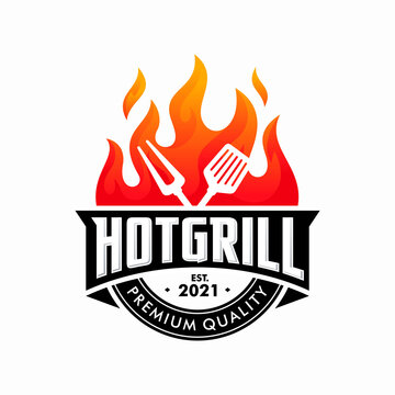 vintage grilled barbecue logo, retro BBQ vector, fire grill food and restaurant icon, Red fire icon
