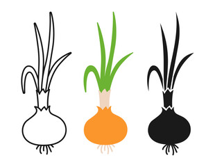Bulb onion beet cartoon set, line icon, black glyph style. Onion organic food. Rural healthy vegetable collection. Hand drawn garden agriculture concepts vector illustration