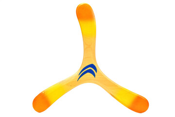 3 wings wooden boomerang painted orange, yellow and blue isolated on white background