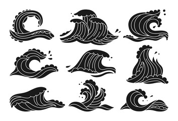 Sea waves black glyph doodle set. Ocean water wave hand drawn design element. Sketch marine symbol, surfing decoration. Curly waves and spirals, foam on crest, splash and drop vector illustration