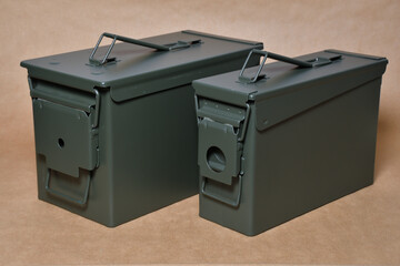 Military ammunition green metal large boxes with close lid - obrazy, fototapety, plakaty
