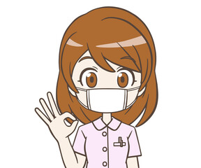 OKマークをつくるマスクをつけた看護師