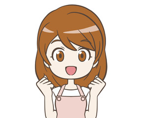 ガッツポーズをするエプロン姿の女性