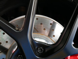 closeup of car brake disc in a modern car.