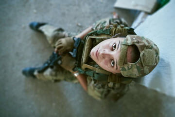 military female soldier having a break
