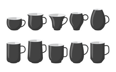 Classic black coffee cups mockup icon set. Different shape empty template mugs for design logo for shop, tea house menu. Flat cartoon style with space for labels. Isolated on white vector illustration