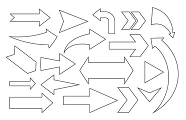 Set of black big linear arrow. Cursor contour navigation sign. Infographic element pointer. Simple graphic symbol up, left, right, down. Interface direction sign. Isolated on white vector illustration