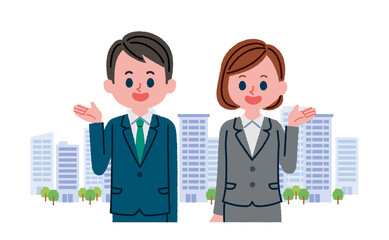 スーツを着た男女とビル群のイラスト