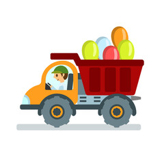 Dump truck with balloons and driver on white isolated background. Cartoon. Vector flat illustration