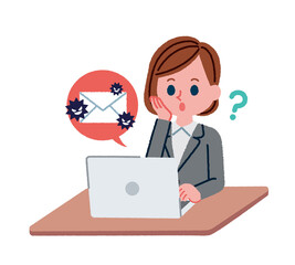 迷惑メールに疑問を持っているスーツを着た女性のイラスト