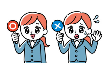 マルバツ札を持っているスーツを着た女性のイラスト