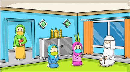 During the corona virus pandemic,muslim stay at home ,in ramadan month.children praying and mother bring muslim al-quran,using masks and health protocols.children book illustration.