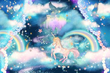 Cute Wallpaper of castle and unicorn and rainbow in the cloudscape  © NORIMA