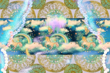 Cute Wallpaper of castle and unicorn and rainbow in the cloudscape	