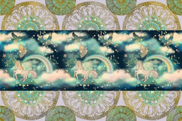 Cute Wallpaper of birds and unicorn and rainbow in the cloudscape	