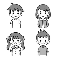 笑顔の子どもたち　モノトーン　白黒　イラスト素材
