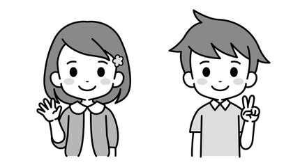 女の子と男の子　モノトーン　白黒　イラスト素材