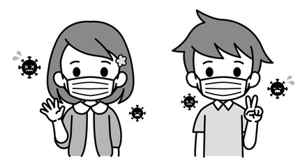 Obraz na płótnie Canvas マスクをつけた女の子と男の子　感染予防　マスク　イラスト素材　モノトーン　白黒