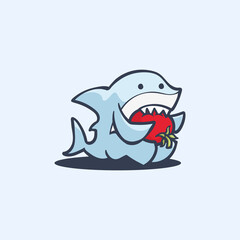 Adorable shark eat a tomato vegan logo and vector illustration