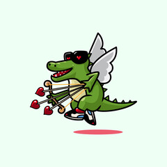 Cartoon cute cupid crocodile with love arrow vector illustration