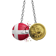Denmark flag smashing into a gold bitcoin crypto coin. 3D Rendering