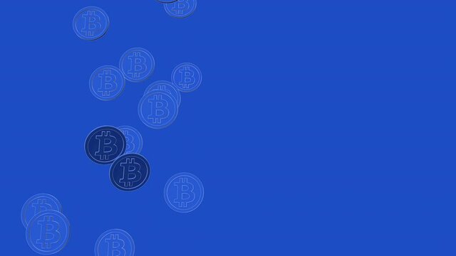 Bitcoin cryptocurrency coins flowing on a blue background. 3D Rendering