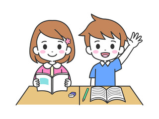 授業を受ける女の子と男の子　イラスト素材