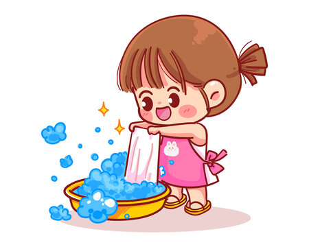 Cute girl washes clothes cartoon art illustration