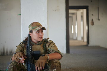 military female soldier having a break