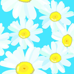 Daisy chamomile field meadow spring summer flowers seamless pattern on light blue sky background. Trendy ditsy floral texture for print, fashion, textile, fabric, decoration, wrapping. Vector