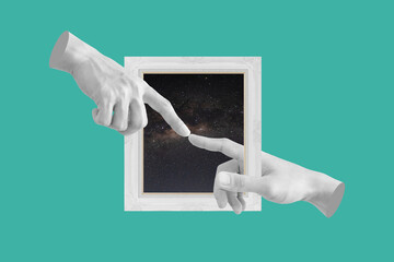Digital collage modern art. Hands, pointing finger through out of picture frame - 429725106
