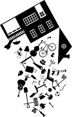 Possessions falling down from an upside-down house, black EPS 8 vector silhouette, no white objects
