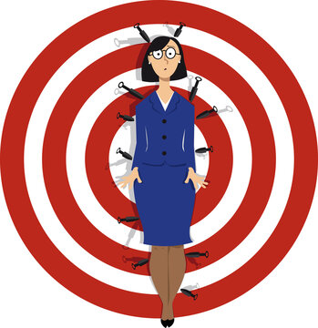 Business woman standing in front of a target facing knifes throwing at her, EPS 8 vector illustration
