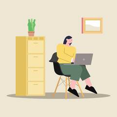 Young adult person sitting on chair working on laptop computer. Flat style vector illustration on cheerful genderqueer character uses mobile device