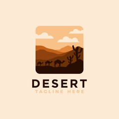 Desert logo design template with sunset and a silhouette of a camel. Vector illustration
