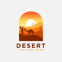 Desert logo design template with sunset and a silhouette of a camel. Vector illustration
