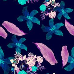 Blue Seamless Art. Violet Pattern Texture. Indigo Tropical Textile. Navy Decoration Painting. Purple Drawing Background. Cobalt Wallpaper Textile. Garden Nature.