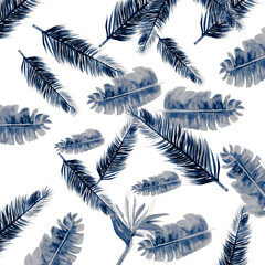 Indigo Pattern Art. Blue Tropical Painting. Cobalt Floral Leaves. White Flora Background. Gray Decoration Foliage. Azure Wallpaper Painting. Navy Spring Leaves.