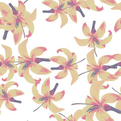 Obraz premium White Seamless Background. Yellow Pattern Vintage. Golden Tropical Leaf. Watercolor Textile. Flora Leaves. Floral Texture. Spring Leaf. Wallpaper Nature.