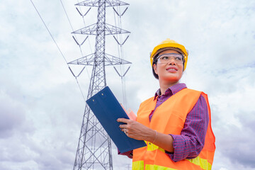 Woman engineers construction worker checking layout on digital ipad or computer. Foreman working  at construction Site with Electric Tower background