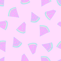 Seamless pattern with watermelon slice on pink background. Cover design in trendy pastel colors. Colorful pattern for nursery clothes, interior design and other use.