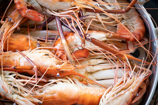 Closeup Seafood Platter Lunch In Thailand Summer Vacation Overhead Shot. Cooked  Crab Prawns On Ice And Wooden Background. Tasty Ocean Gourmet Dining Background Concept